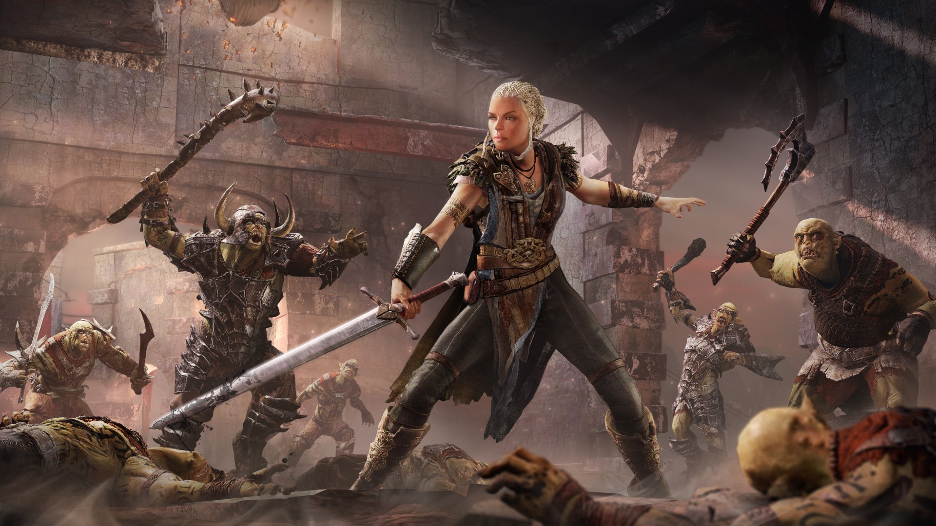 4K Ultra HD PC wallpaper from the video game Middle-earth: Shadow of Mordor featuring a warrior woman fighting orcs in a battle-torn environment.
