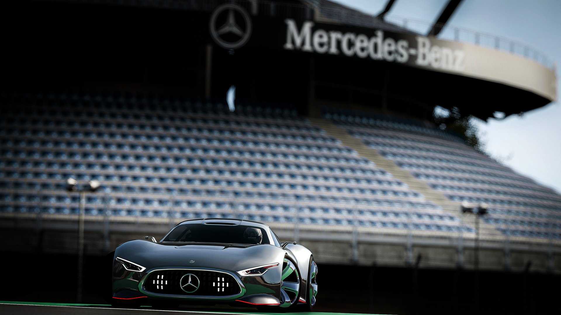 HD PC desktop wallpaper featuring a sleek Mercedes-Benz car from the Gran Turismo 6 video game, set against an empty stadium backdrop.