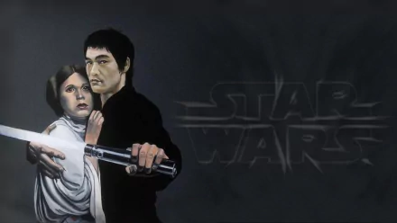 HD desktop wallpaper featuring Bruce Lee holding a lightsaber from Star Wars, with a dark background and the Star Wars logo subtly visible.
