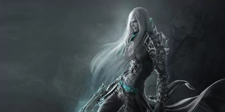 HD PC desktop wallpaper featuring a dark, armored character with long white hair from the video game Lost Ark, set against a misty, shadowy background.