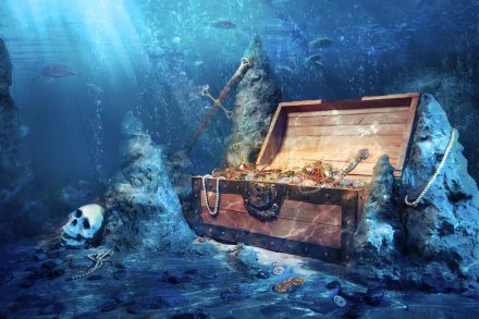 An 8K Ultra HD fantasy PC wallpaper depicting a treasure chest overflowing with gold and jewels on the sea bed, surrounded by a skull, a sword, and underwater rocks.