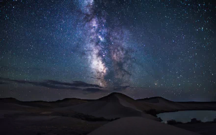 HD PC desktop wallpaper showcasing a stunning sci-fi-inspired view of the Milky Way galaxy above a dark desert landscape under a starry night sky.