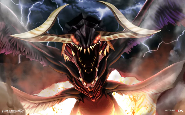 HD desktop wallpaper featuring Grima, the dragon from Fire Emblem Awakening, amidst a stormy backdrop.