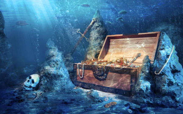 An 8K Ultra HD fantasy PC wallpaper depicting a treasure chest overflowing with gold and jewels on the sea bed, surrounded by a skull, a sword, and underwater rocks.