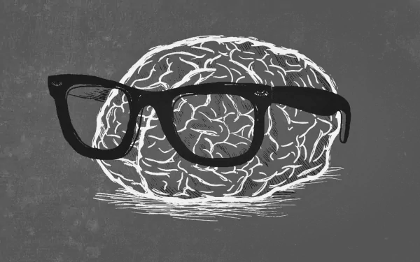 A humorous illustration of a brain wearing black glasses, set against a gray background. This funny, nerdy design serves as a creative HD PC desktop wallpaper.