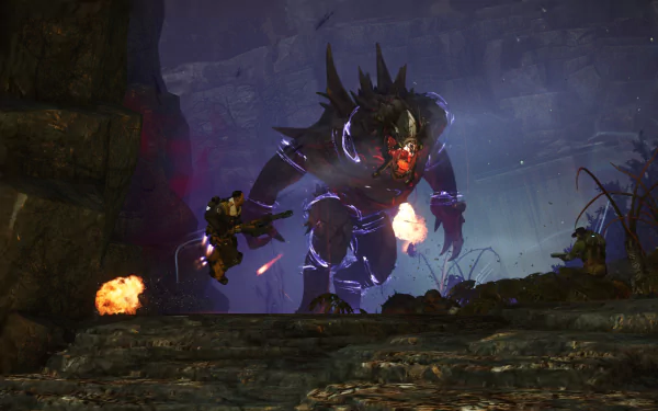 Evolve video game HD PC desktop wallpaper/background: massive spiked monster glowing purple charges through a dark cavern toward the viewer.