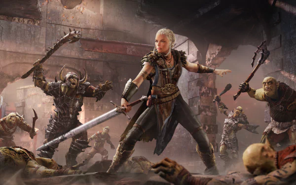 4K Ultra HD PC wallpaper from the video game Middle-earth: Shadow of Mordor featuring a warrior woman fighting orcs in a battle-torn environment.