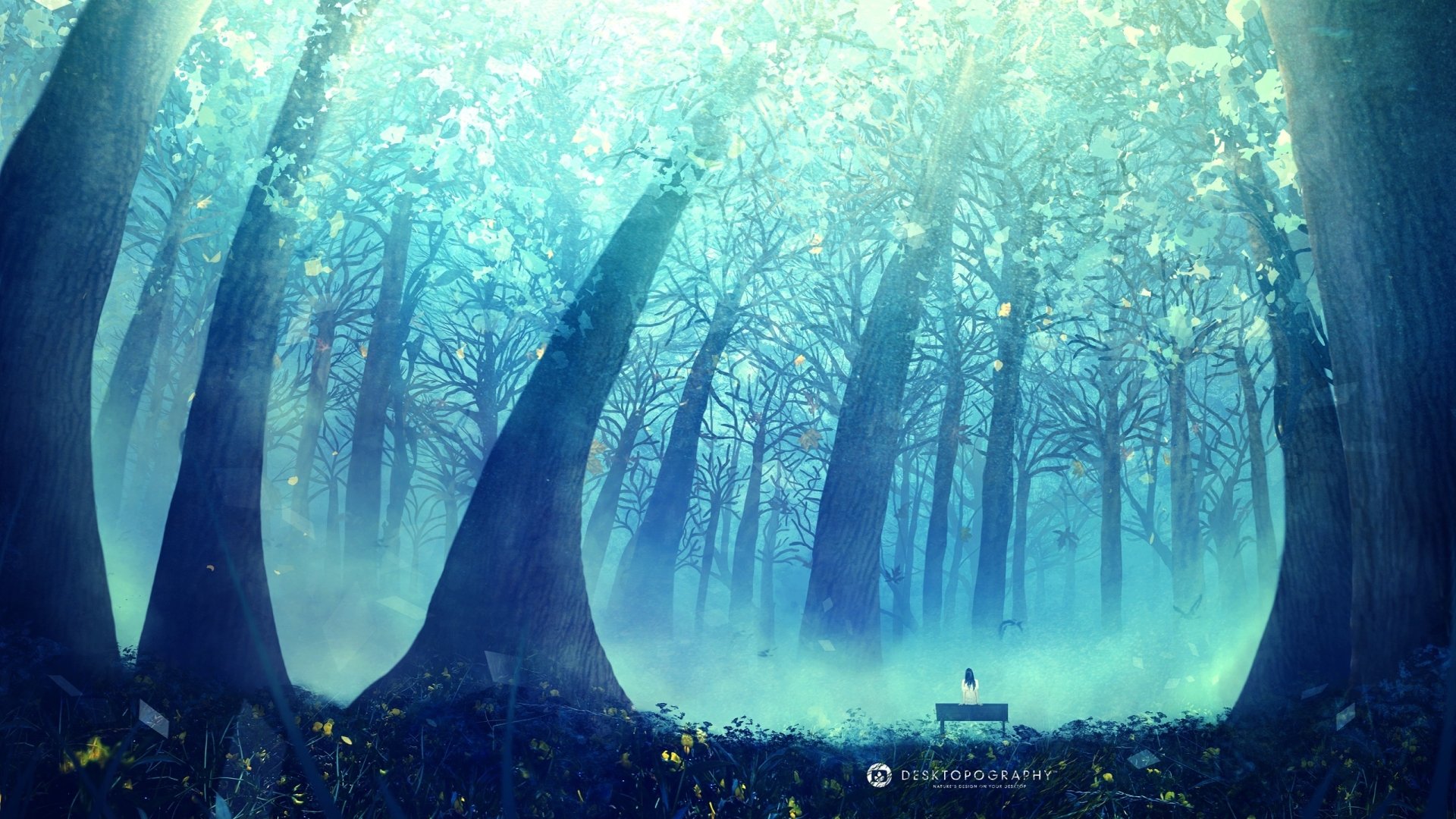 HD desktop wallpaper from Desktopography featuring an artistic rendition of a misty blue forest with trees and a lone bench.