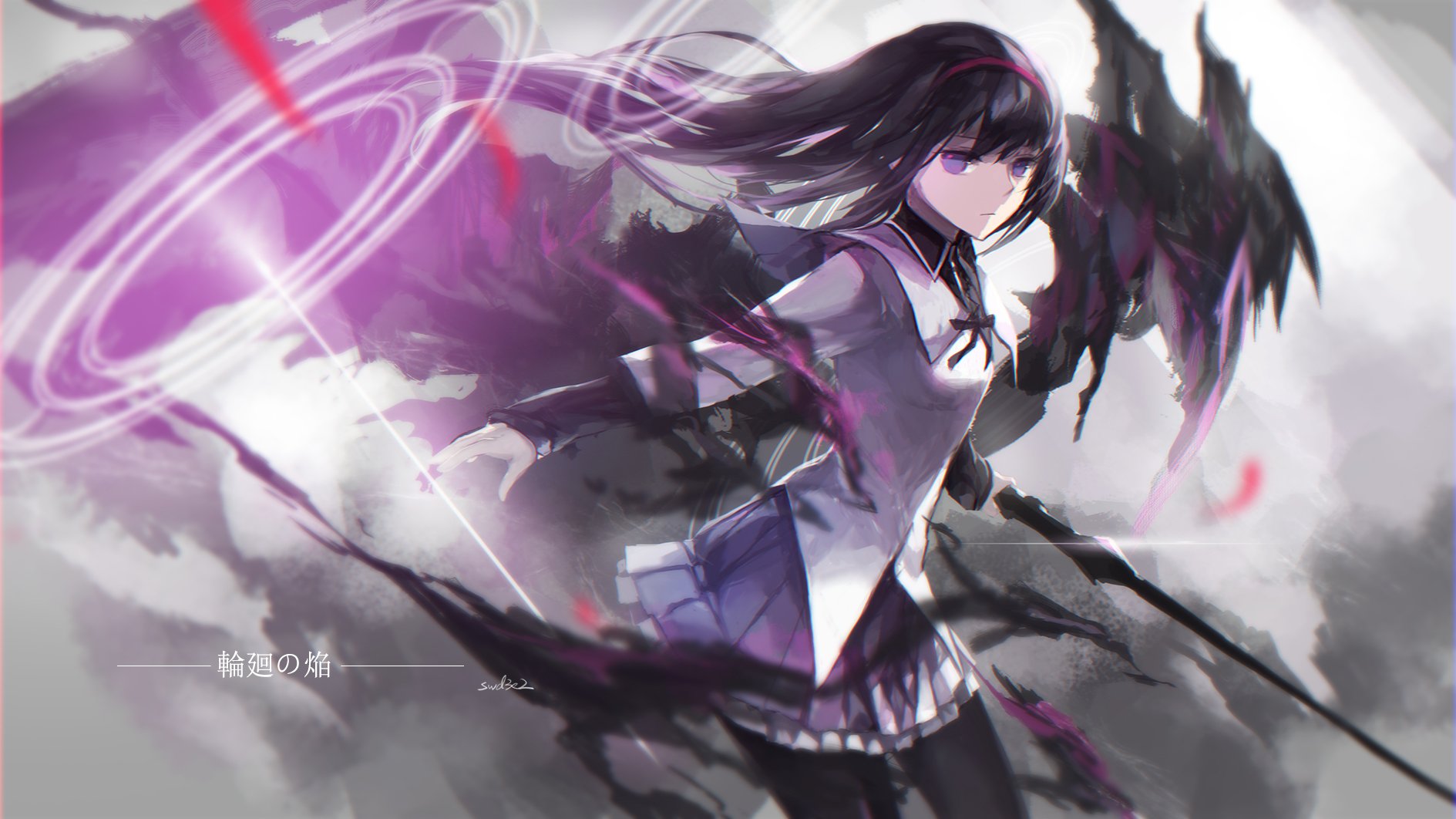 HD anime desktop wallpaper featuring Homura Akemi from Puella Magi Madoka Magica, depicted with dark wings and a swirling purple aura in a dynamic, ethereal scene.