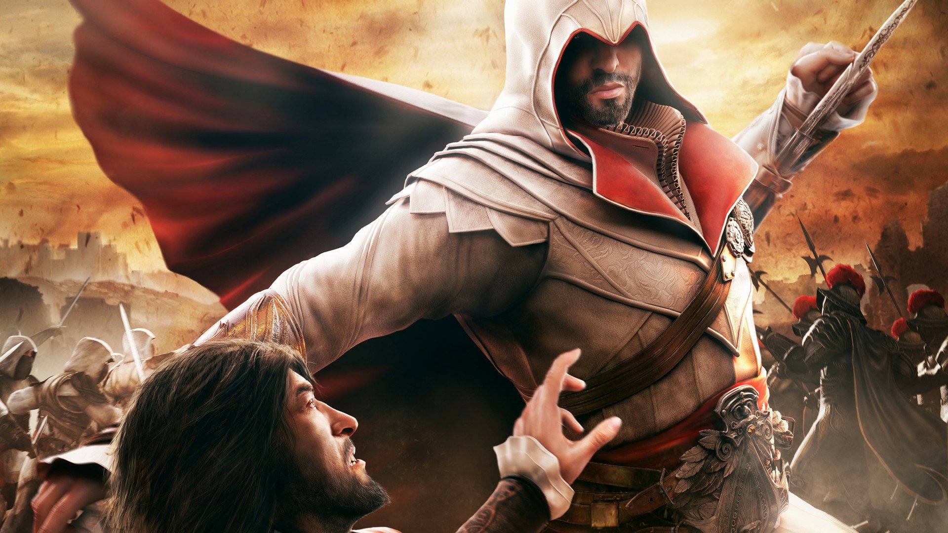 HD PC desktop wallpaper and background for the video game Assassin's Creed: Brotherhood — hooded assassin with raised blade and billowing cloak on a chaotic battlefield.