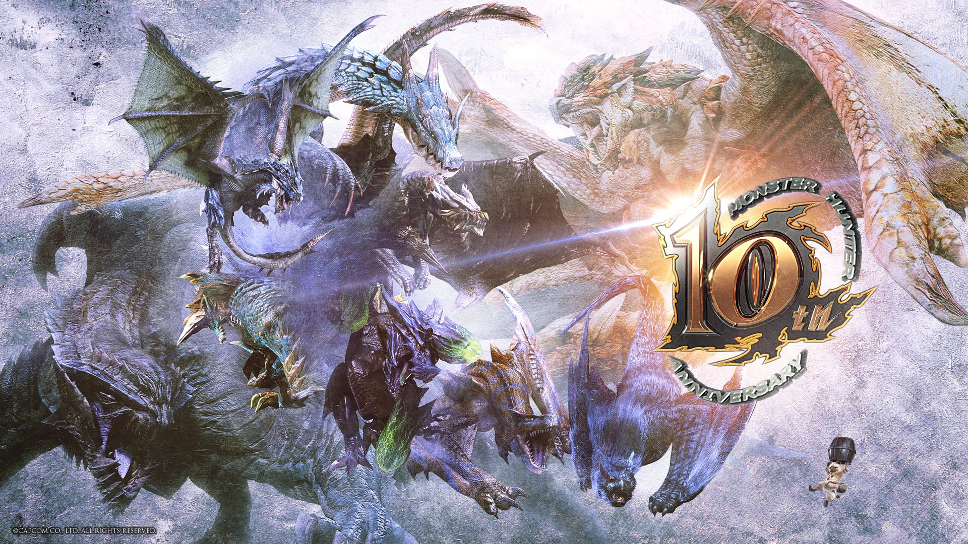 HD PC desktop wallpaper featuring an epic battle scene from the Monster Hunter video game, showcasing multiple fierce dragons with the 10th anniversary logo.