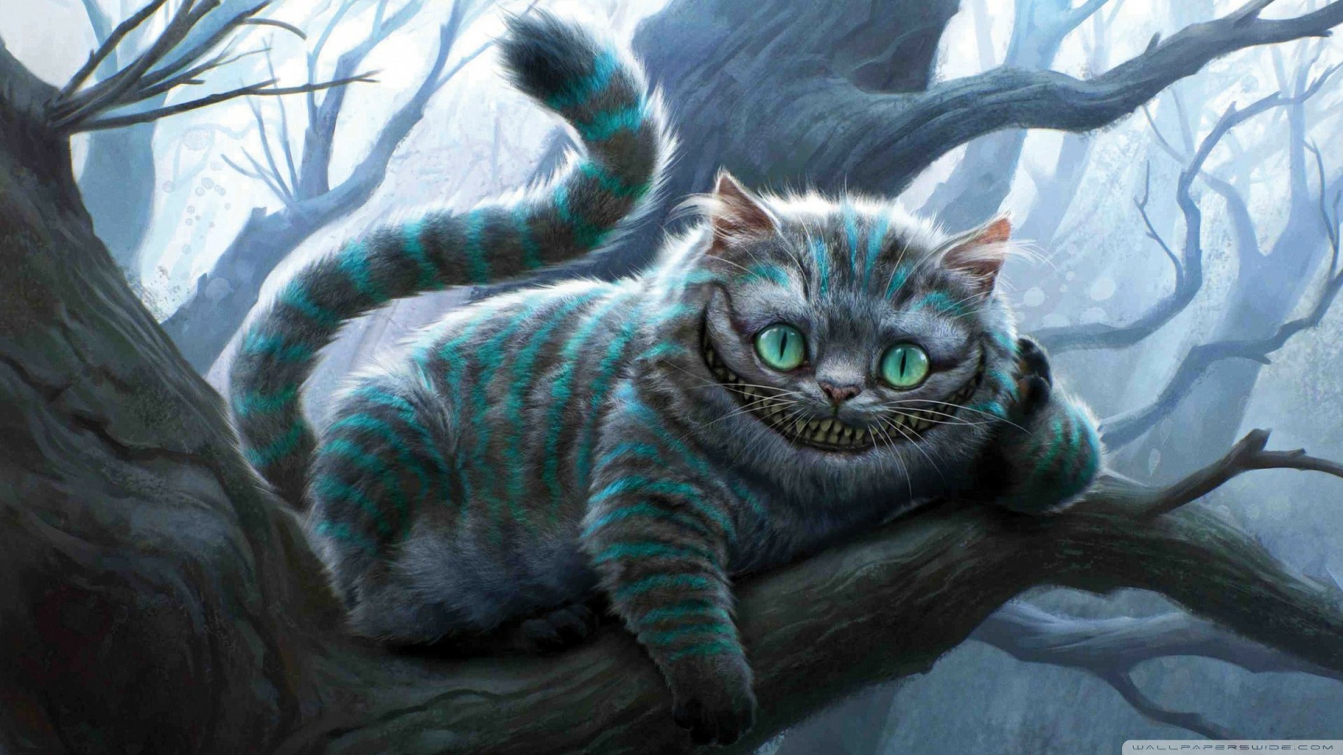 HD PC desktop wallpaper featuring the Cheshire Cat from the 2010 movie Alice in Wonderland, lounging on a tree branch in a misty, eerie forest.