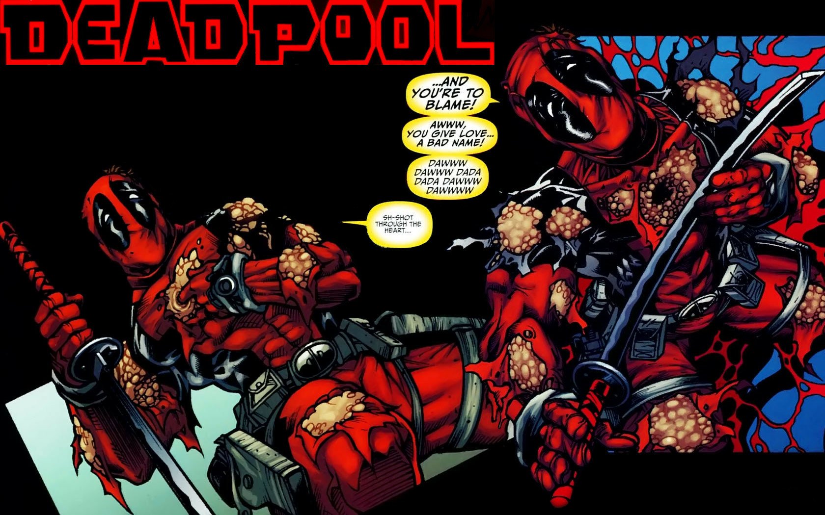 HD comic-style Deadpool desktop wallpaper featuring multiple Deadpool poses surrounded by chimichangas and humorous speech bubbles.