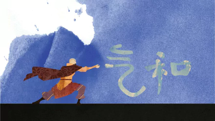 HD anime desktop wallpaper of Aang from Avatar: The Last Airbender, performing an airbending move with a blue watercolor background and stylized air symbols.
