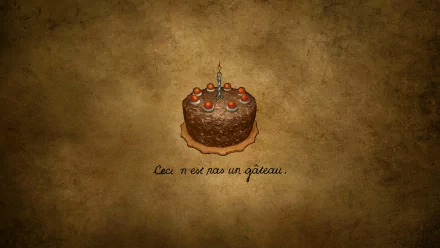 HD PC desktop wallpaper featuring a Portal 2-themed birthday cake with candles and the phrase Ceci n'est pas un gâteau on a textured brown background.