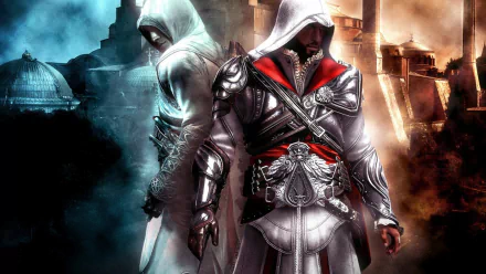 HD PC desktop wallpaper featuring two hooded characters from the video game Assassin's Creed: Revelations against a contrasting blue and orange cityscape background.