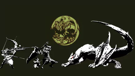 HD PC desktop wallpaper and background for the video game Monster Hunter: silhouetted hunters engage a large white beast beneath a stylized golden moon on a dark backdrop.