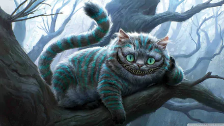 HD PC desktop wallpaper featuring the Cheshire Cat from the 2010 movie Alice in Wonderland, lounging on a tree branch in a misty, eerie forest.