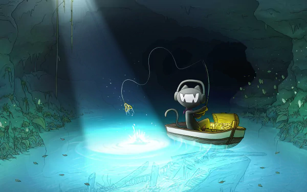 A vibrant 4K Ultra HD wallpaper featuring a character from Monstercat fishing in a serene cave, illuminated by a beam of light, creating an enchanting underwater scene.