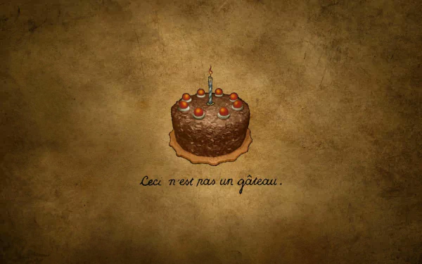 HD PC desktop wallpaper featuring a Portal 2-themed birthday cake with candles and the phrase Ceci n'est pas un gâteau on a textured brown background.