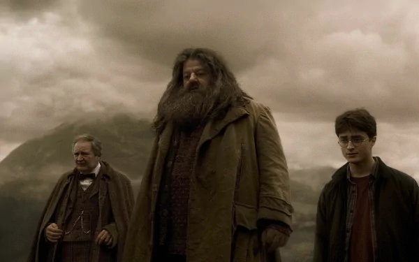 A dramatic scene from Harry Potter and the Half-Blood Prince, featuring Rubeus Hagrid, Horace Slughorn, and Harry Potter against a moody sky backdrop.