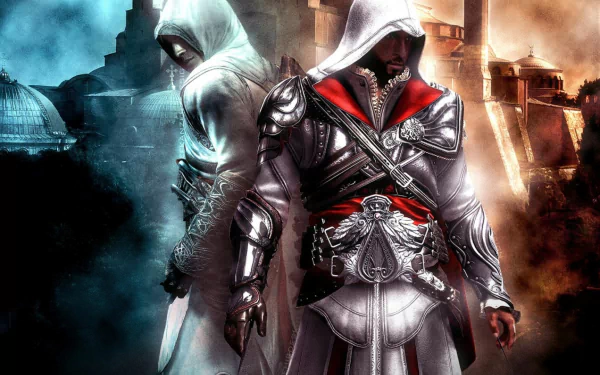 HD PC desktop wallpaper featuring two hooded characters from the video game Assassin's Creed: Revelations against a contrasting blue and orange cityscape background.