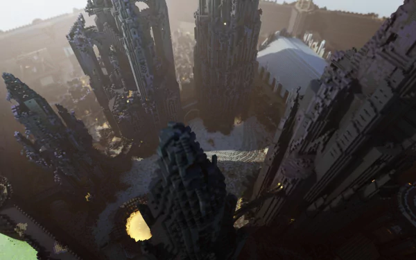 A captivating 4K Ultra HD image showcasing a sprawling cityscape of intricately designed skyscrapers inspired by Mojang's Minecraft, creating a stunning digital landscape.