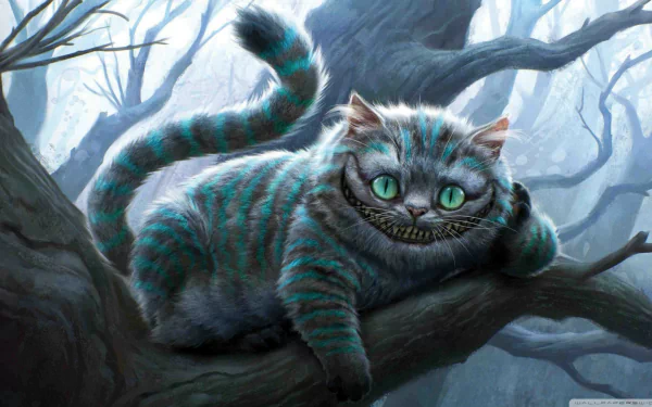 HD PC desktop wallpaper featuring the Cheshire Cat from the 2010 movie Alice in Wonderland, lounging on a tree branch in a misty, eerie forest.