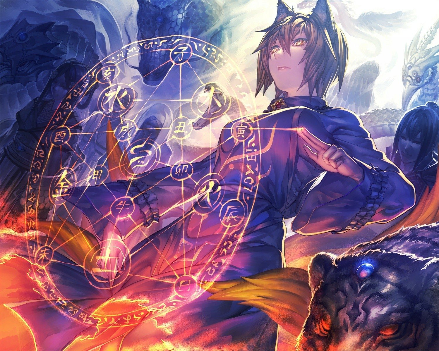 HD desktop wallpaper featuring Ran Yakumo from the anime Touhou, showcasing her short hair and magical symbolism in a vibrant, dynamic background.