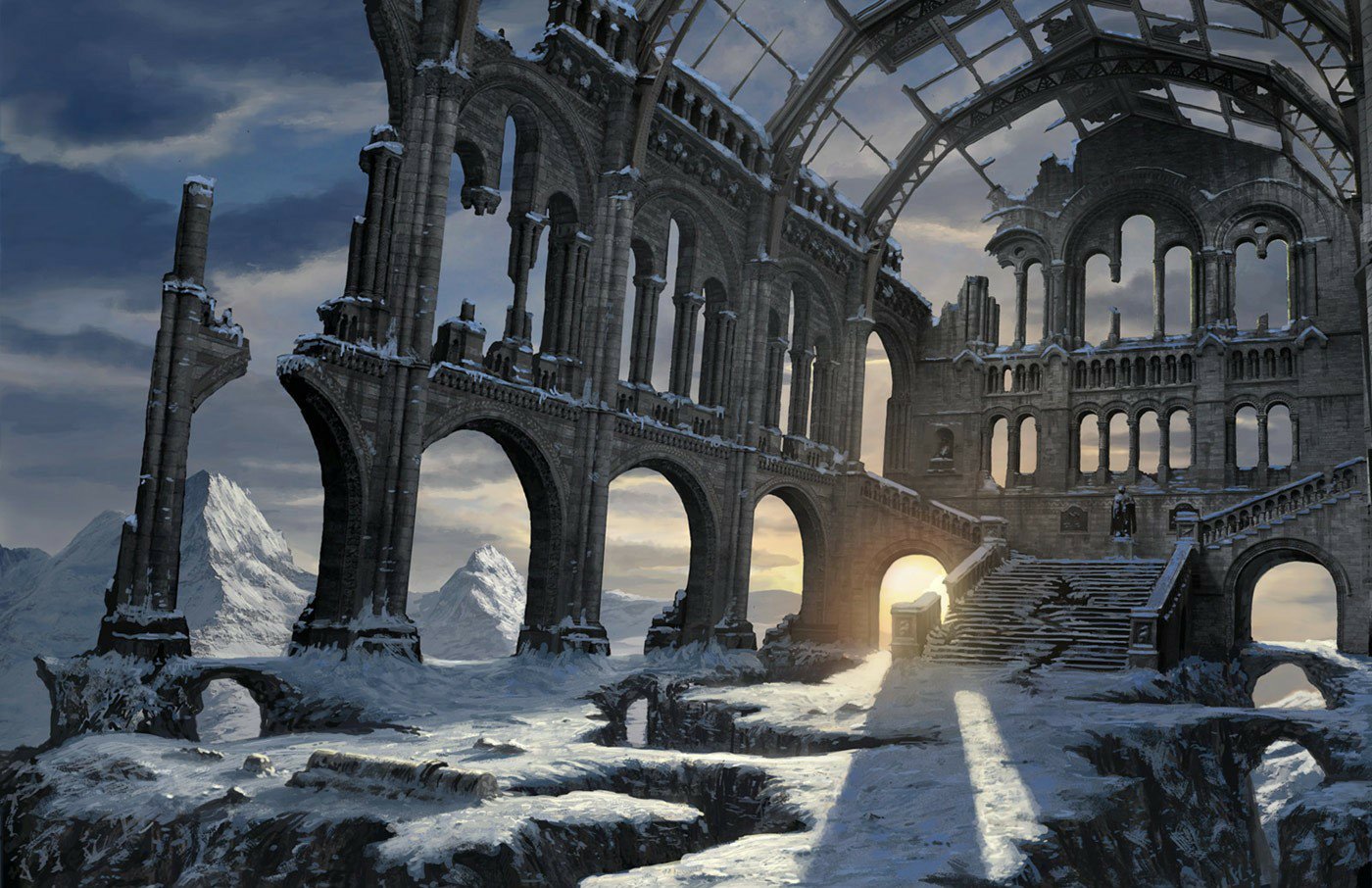 Fantasy ruin: snowy crumbling cathedral and arched stone colonnade on a cliff, warm sunlight through an arch; HD PC desktop wallpaper/background.