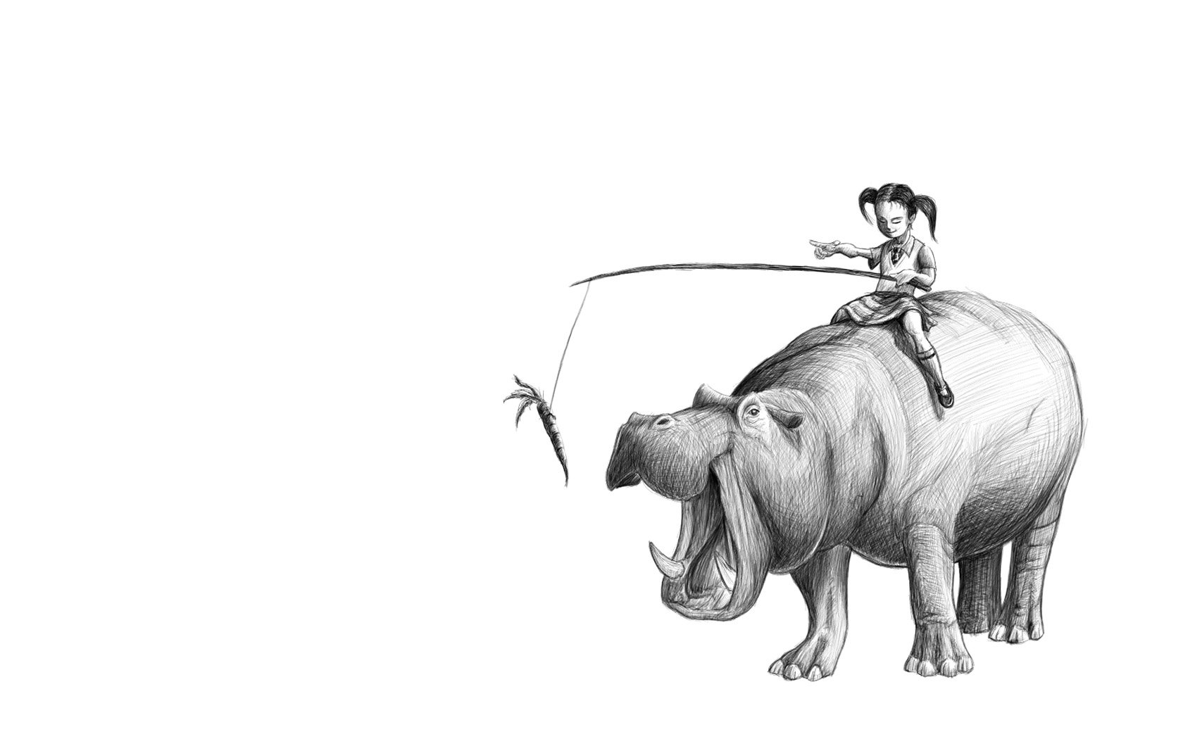 A black and white HD desktop wallpaper featuring a hippo with a girl sitting on its back, holding a fishing rod with a carrot dangling in front of the hippo.