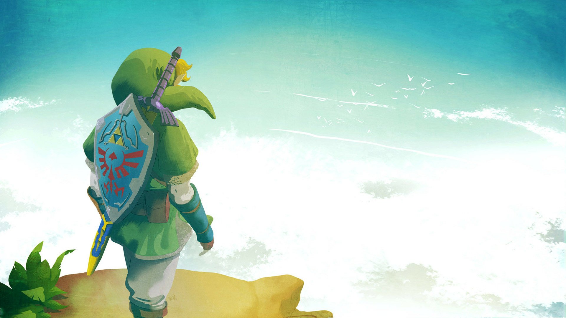 Link from The Legend of Zelda: Skyward Sword stands on a cliff, overlooking a vast, cloudy sky. HD video game desktop wallpaper and background.