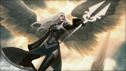 Avacyn (Magic: The Gathering) angel in armor, wings spread and spear raised against a stormy sky — man made HD PC desktop wallpaper and background.