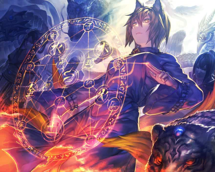 HD desktop wallpaper featuring Ran Yakumo from the anime Touhou, showcasing her short hair and magical symbolism in a vibrant, dynamic background.