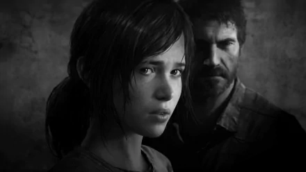 HD desktop wallpaper featuring characters from the video game The Last Of Us. The grayscale image captures a close-up of the two main characters against a textured background.