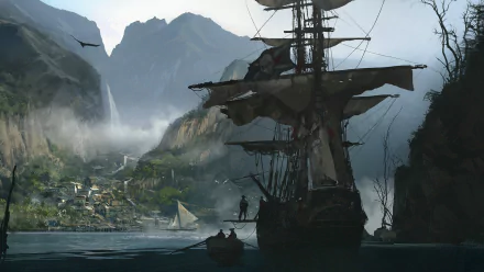 HD PC desktop wallpaper featuring a misty harbor scene with a large sailing ship and rugged mountains from the video game Assassin's Creed IV: Black Flag.