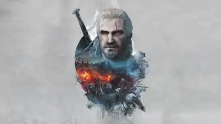 HD desktop wallpaper of Geralt of Rivia from the video game The Witcher 3: Wild Hunt, featuring his portrait with scenes of battle and fire below.