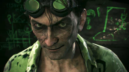 HD PC desktop wallpaper featuring a close-up of the Joker from the video game Batman: Arkham Knight, showcasing his sinister expression and dark green tones.