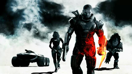 Mass Effect 3 video game HD PC desktop wallpaper: Commander Shepard in N7 armor strides with a glowing biotic blade, flanked by Tali'Zorah and Grunt against a stormy backdrop.