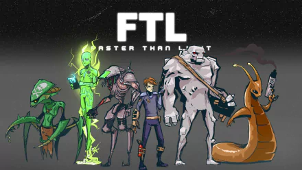 HD PC desktop wallpaper for the video game FTL: Faster Than Light — stylized crew of human and alien characters standing under a bold FTL logo against a starry backdrop.