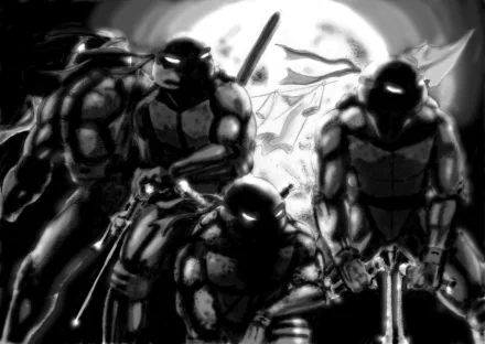 HD desktop wallpaper featuring the Teenage Mutant Ninja Turtles in a dynamic black and white comic-style illustration.