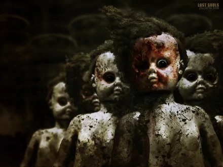 An eerie HD desktop wallpaper featuring decayed and grimy dolls with dark, haunting expressions, set against a shadowy background.