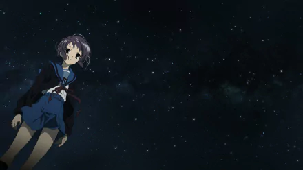 HD desktop wallpaper featuring Yuki Nagato from the anime The Melancholy of Haruhi Suzumiya against a starry night sky background.