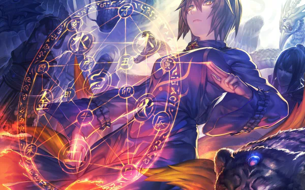 HD desktop wallpaper featuring Ran Yakumo from the anime Touhou, showcasing her short hair and magical symbolism in a vibrant, dynamic background.