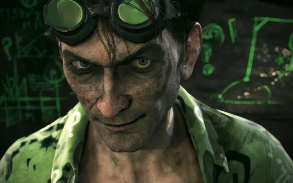 HD PC desktop wallpaper featuring a close-up of the Joker from the video game Batman: Arkham Knight, showcasing his sinister expression and dark green tones.