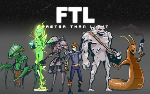 HD PC desktop wallpaper for the video game FTL: Faster Than Light — stylized crew of human and alien characters standing under a bold FTL logo against a starry backdrop.