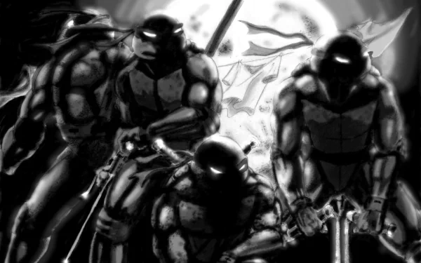 HD desktop wallpaper featuring the Teenage Mutant Ninja Turtles in a dynamic black and white comic-style illustration.