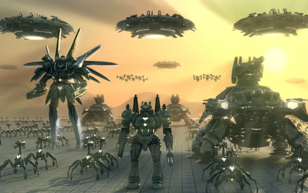 Supreme Commander 2 video game 2K Quad HD PC desktop wallpaper: vast legions of towering mechs, spider-like walkers and hovering ships arrayed beneath a glowing golden sky.