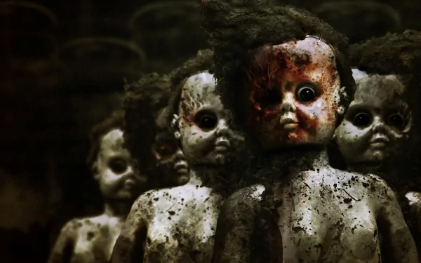 An eerie HD desktop wallpaper featuring decayed and grimy dolls with dark, haunting expressions, set against a shadowy background.