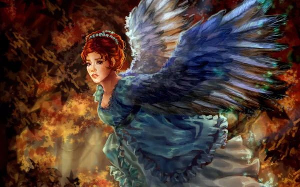A fantasy-themed angel with large, detailed wings set against an autumn forest background, rendered in stunning 4K Ultra HD for PC desktop wallpaper.